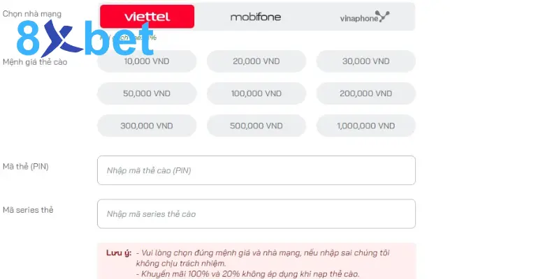 Nạp tiền 8Xbet - Hướng dẫn nạp tiền chi tiết nhất cho newbie Nạp tiền bằng thẻ cào